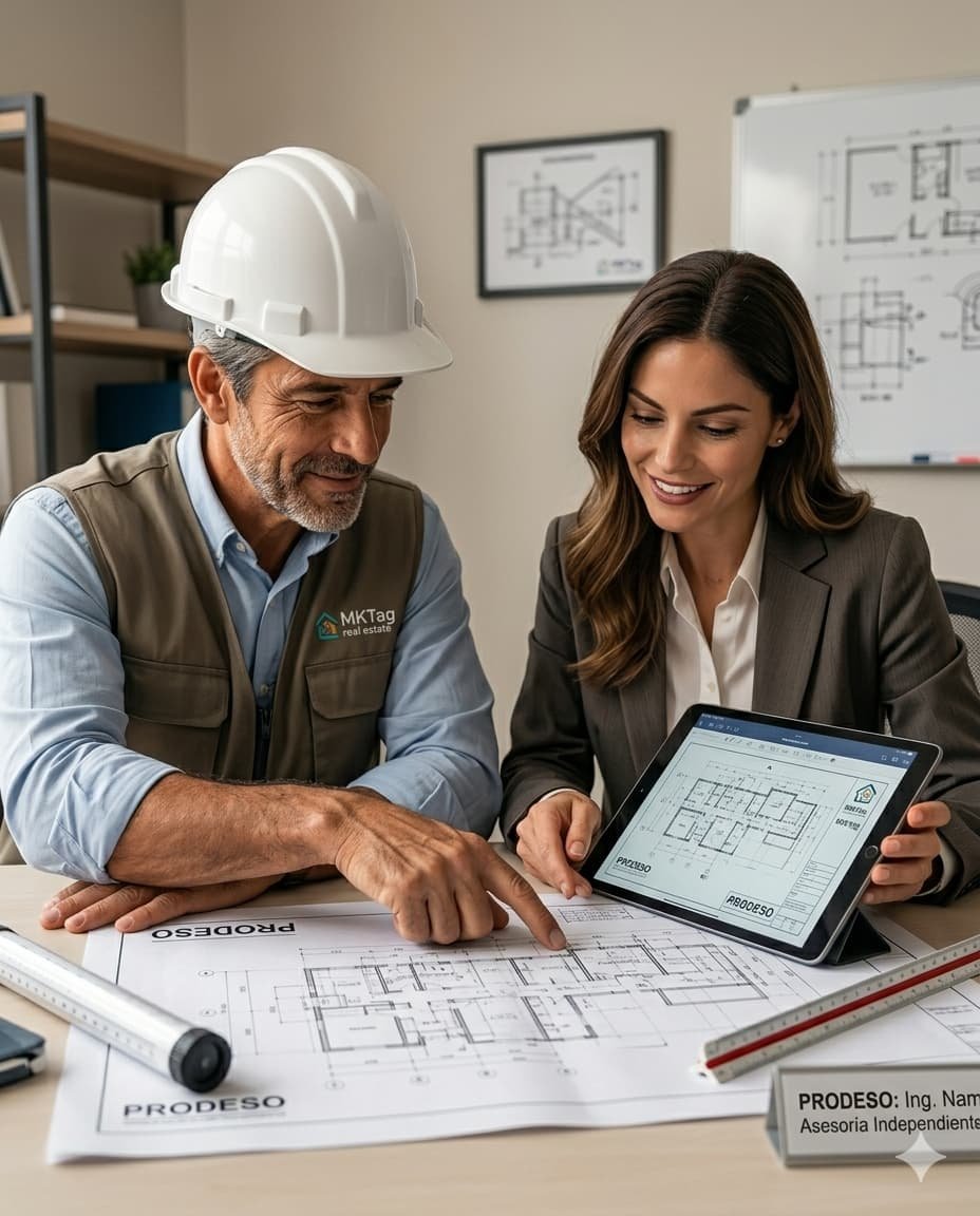 Ingeniero Prodeso revisando planos con cliente